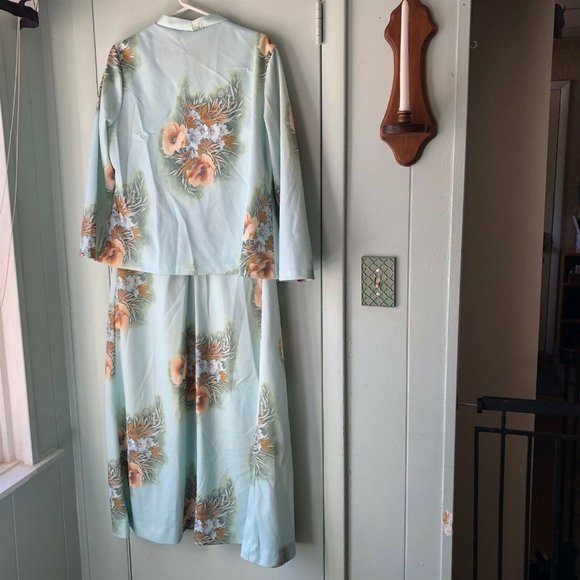 Vintage long maxi dress tropical floral fabric polyester 2 piece with jacket - Picture 8 of 9